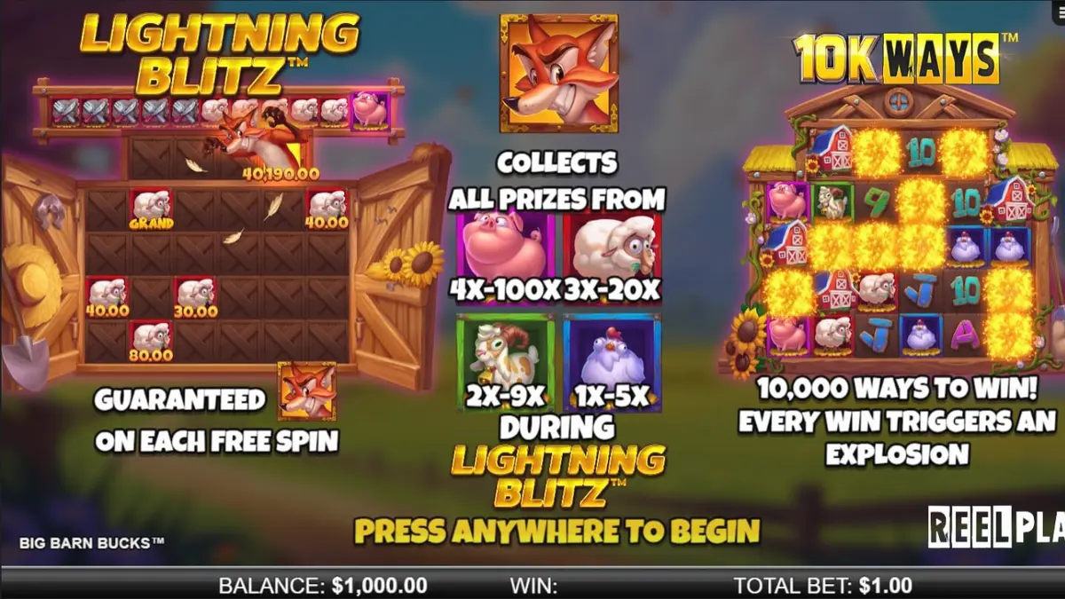 Isang makulay na farm-themed slot game na may mga hayop at barnyard background.